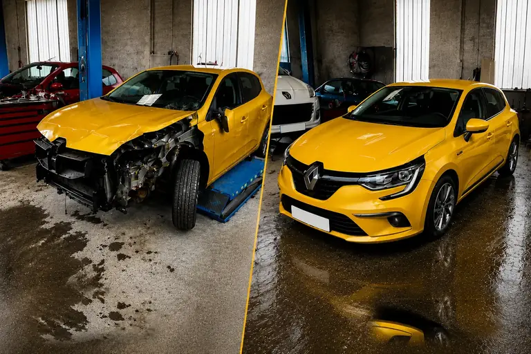 Atelier de carrosserie : un véhicule jaune accidenté et un véhicule jaune remis en état